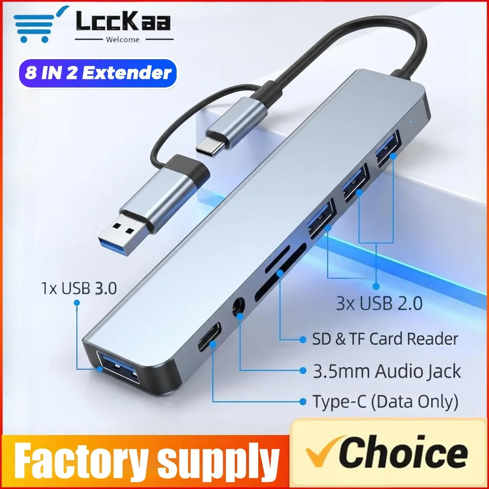 8-in-2 USB-C & USB-A Hub — SD Card, 3.5mm Audio, USB 3.0 | Works with MacBook, Laptop & Phone