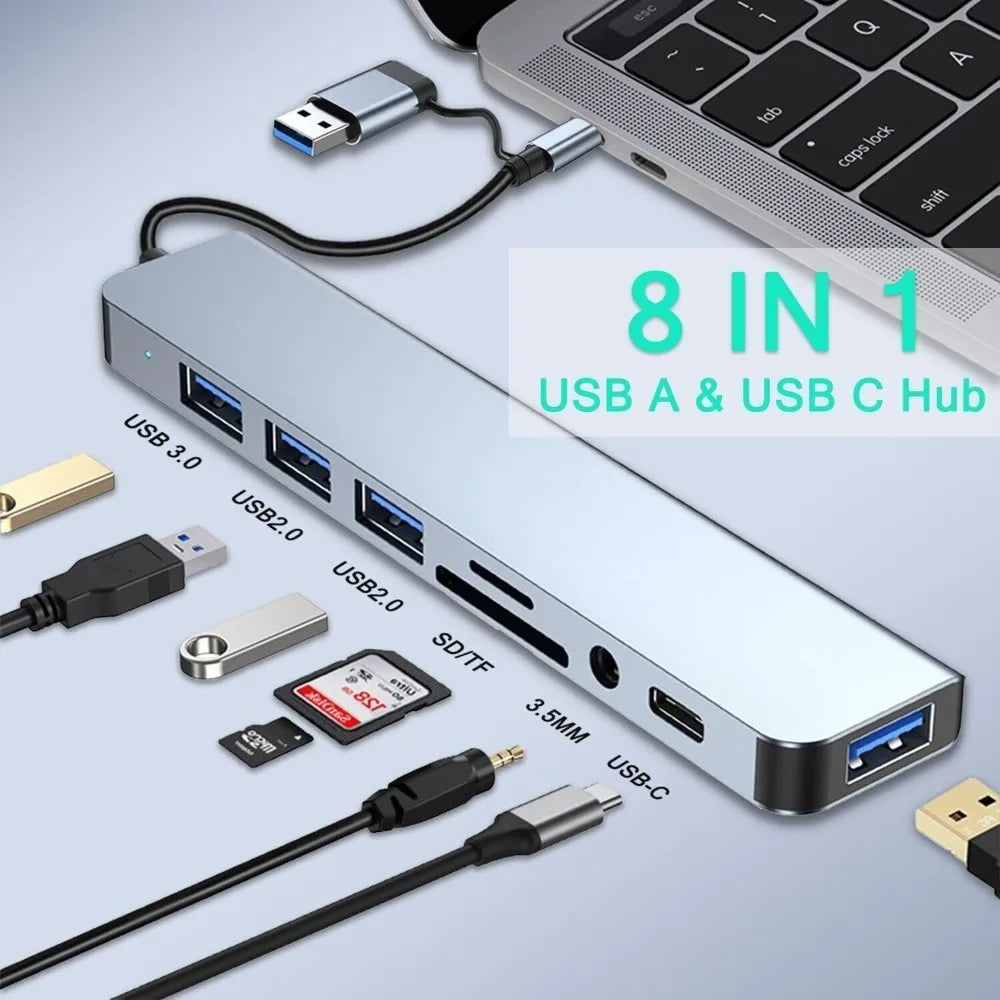 8-in-2 USB-C & USB-A Hub — SD Card, 3.5mm Audio, USB 3.0 | Works with MacBook, Laptop & Phone