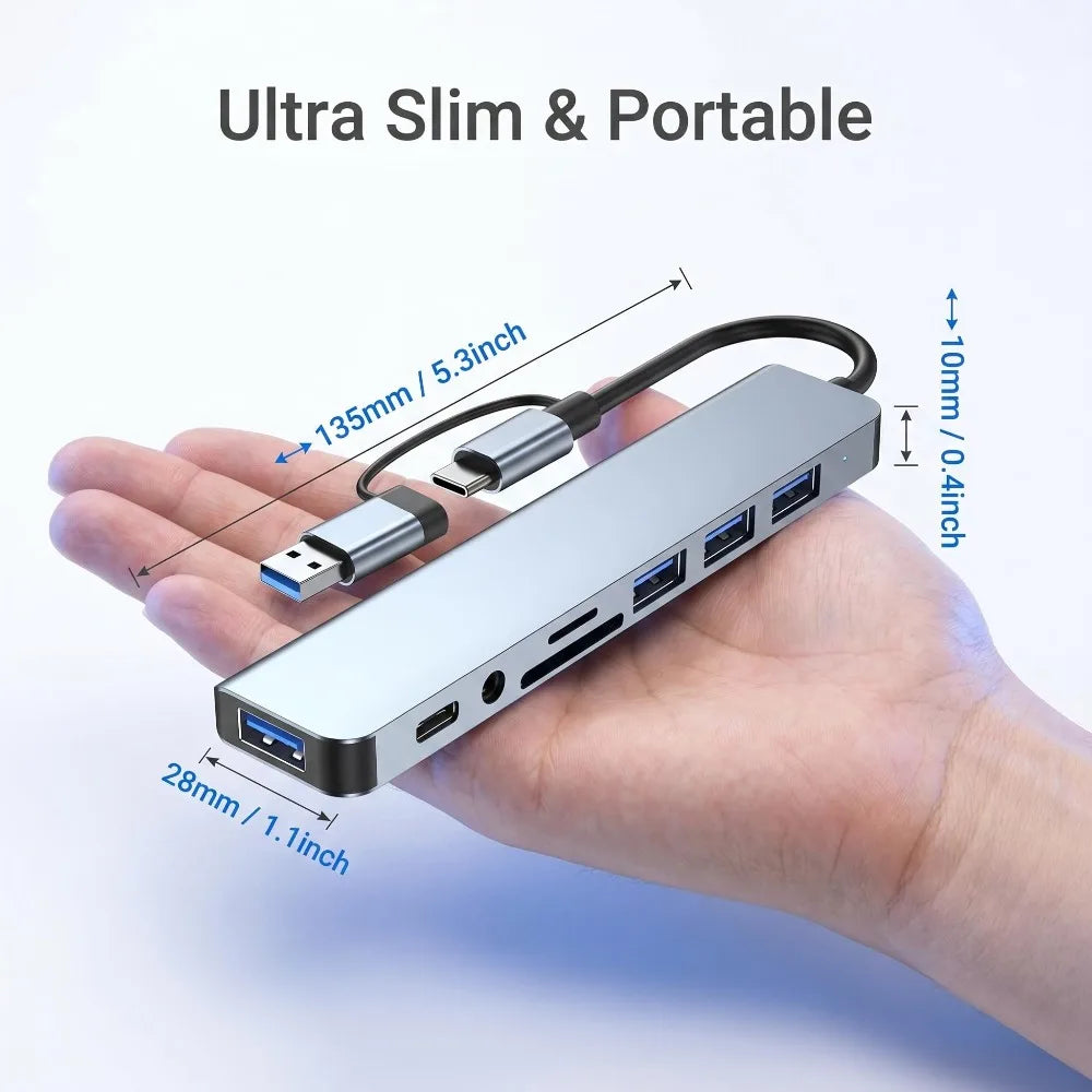 8-in-2 USB-C & USB-A Hub — SD Card, 3.5mm Audio, USB 3.0 | Works with MacBook, Laptop & Phone