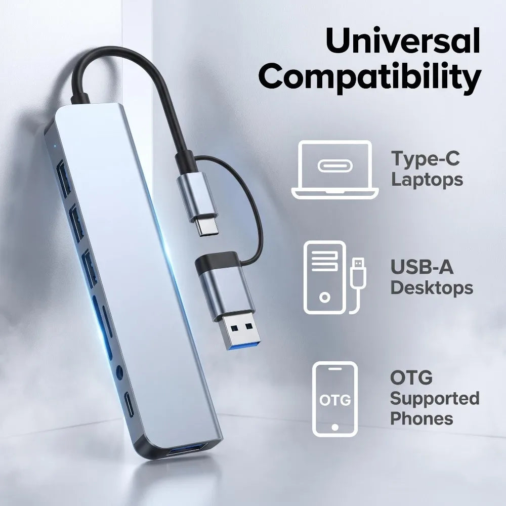 8-in-2 USB-C & USB-A Hub — SD Card, 3.5mm Audio, USB 3.0 | Works with MacBook, Laptop & Phone
