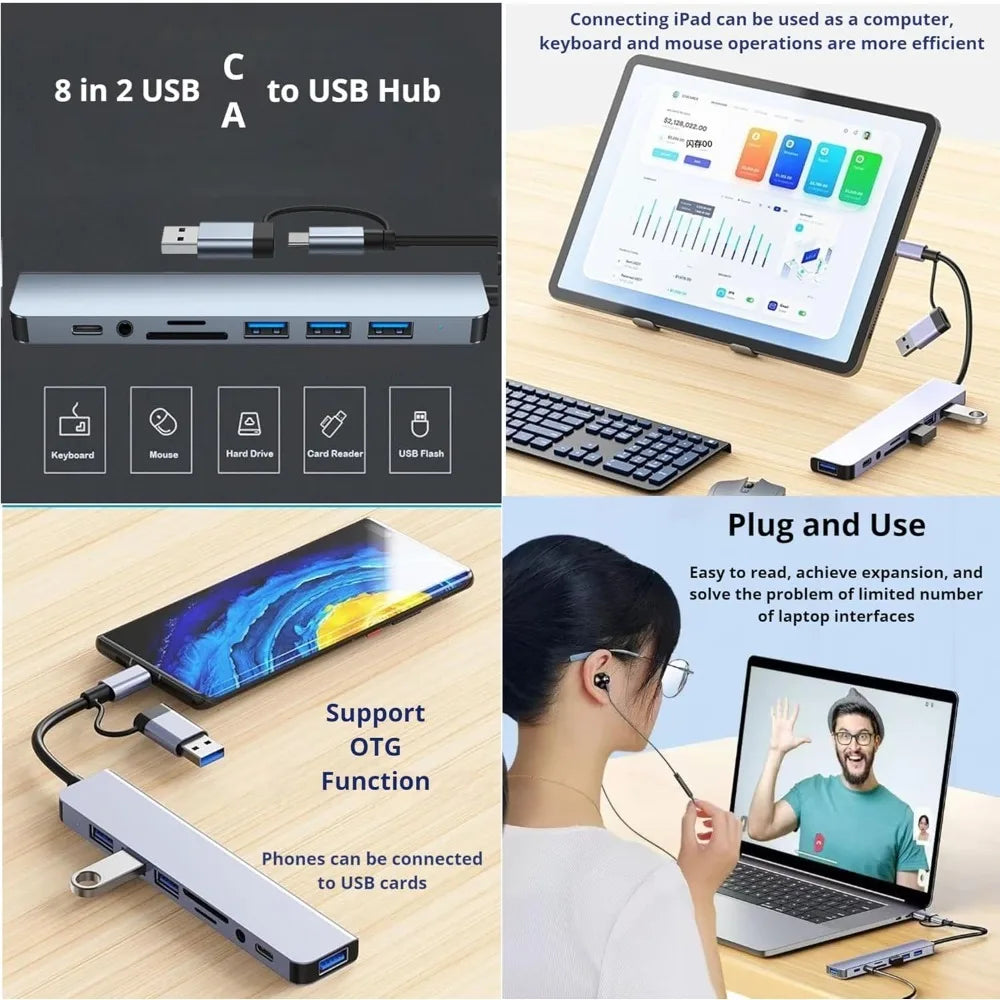 8-in-2 USB-C & USB-A Hub — SD Card, 3.5mm Audio, USB 3.0 | Works with MacBook, Laptop & Phone