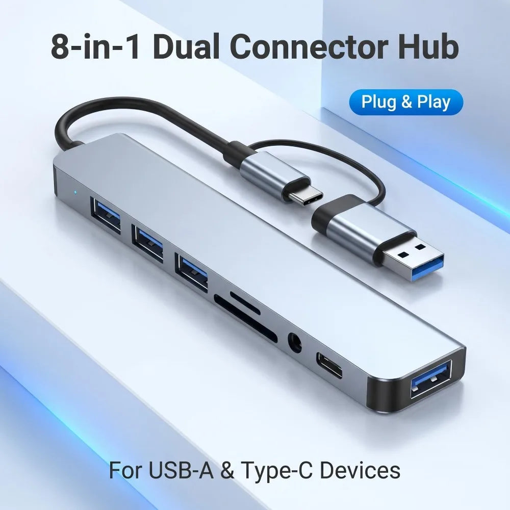 8-in-2 USB-C & USB-A Hub — SD Card, 3.5mm Audio, USB 3.0 | Works with MacBook, Laptop & Phone