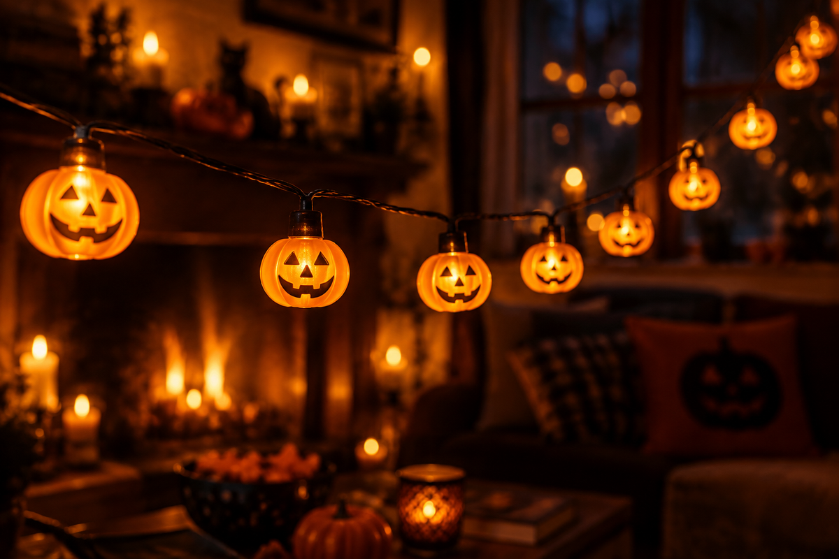 Halloween Pumpkin String Lights glowing warm orange in a cosy dark room